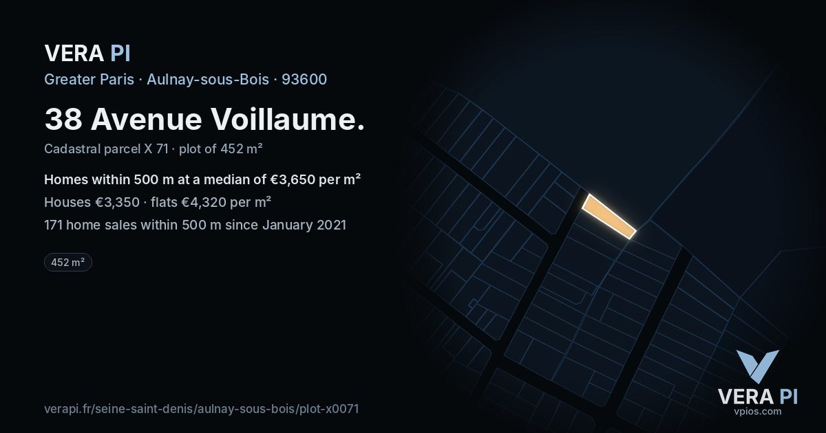 38 Avenue Voillaume, Aulnay-sous-Bois at night – the plot lit, the parcels around coloured by the prices near them