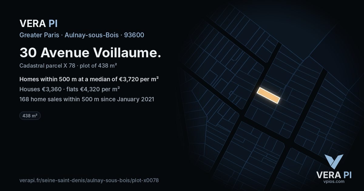 30 Avenue Voillaume, Aulnay-sous-Bois at night – the plot lit, the parcels around coloured by the prices near them
