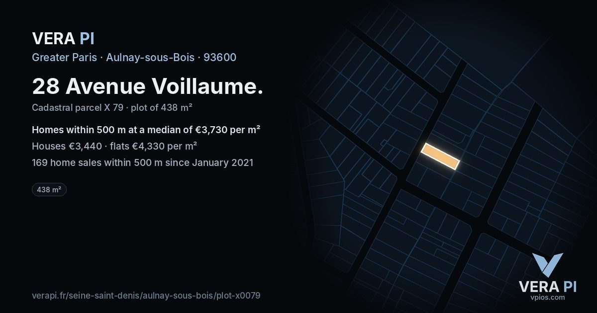 28 Avenue Voillaume, Aulnay-sous-Bois at night – the plot lit, the parcels around coloured by the prices near them