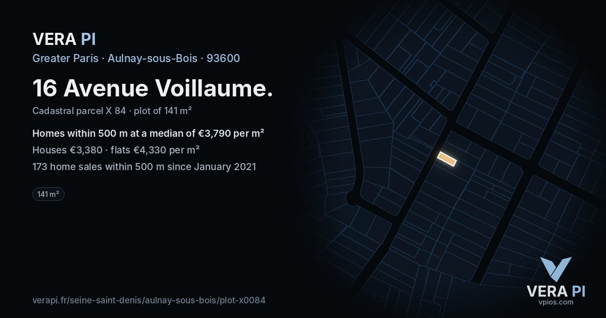 16 Avenue Voillaume, Aulnay-sous-Bois at night – the plot lit, the parcels around coloured by the prices near them