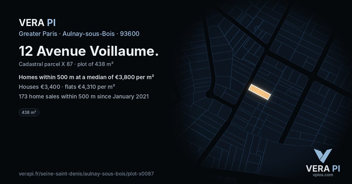 12 Avenue Voillaume, Aulnay-sous-Bois at night – the plot lit, the parcels around coloured by the prices near them