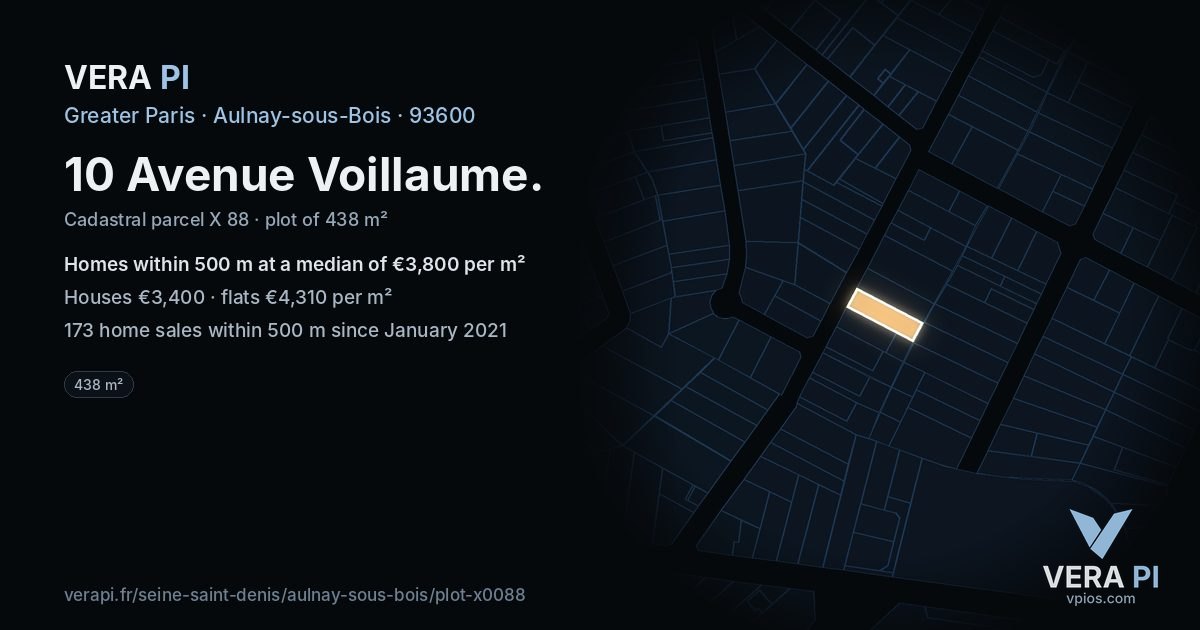 10 Avenue Voillaume, Aulnay-sous-Bois at night – the plot lit, the parcels around coloured by the prices near them
