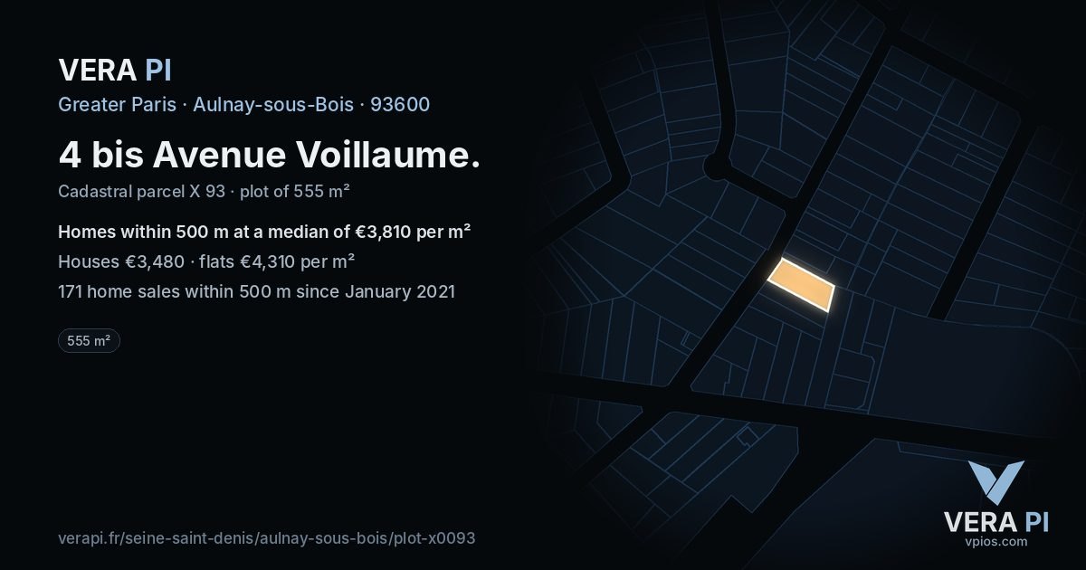 4 bis Avenue Voillaume, Aulnay-sous-Bois at night – the plot lit, the parcels around coloured by the prices near them
