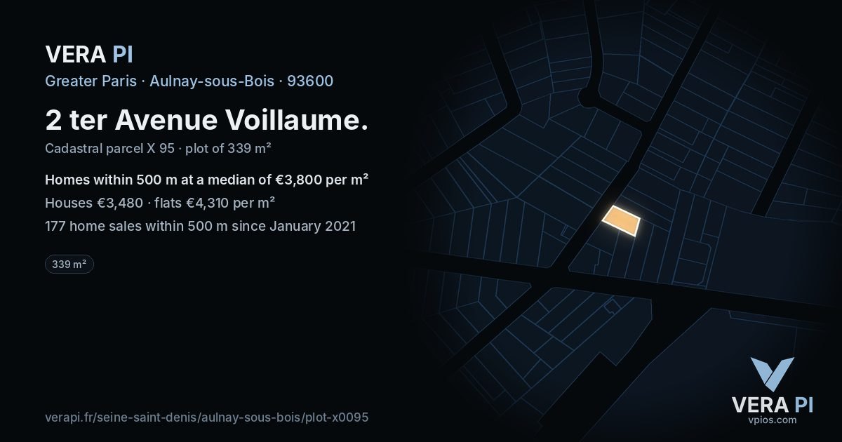 2 ter Avenue Voillaume, Aulnay-sous-Bois at night – the plot lit, the parcels around coloured by the prices near them