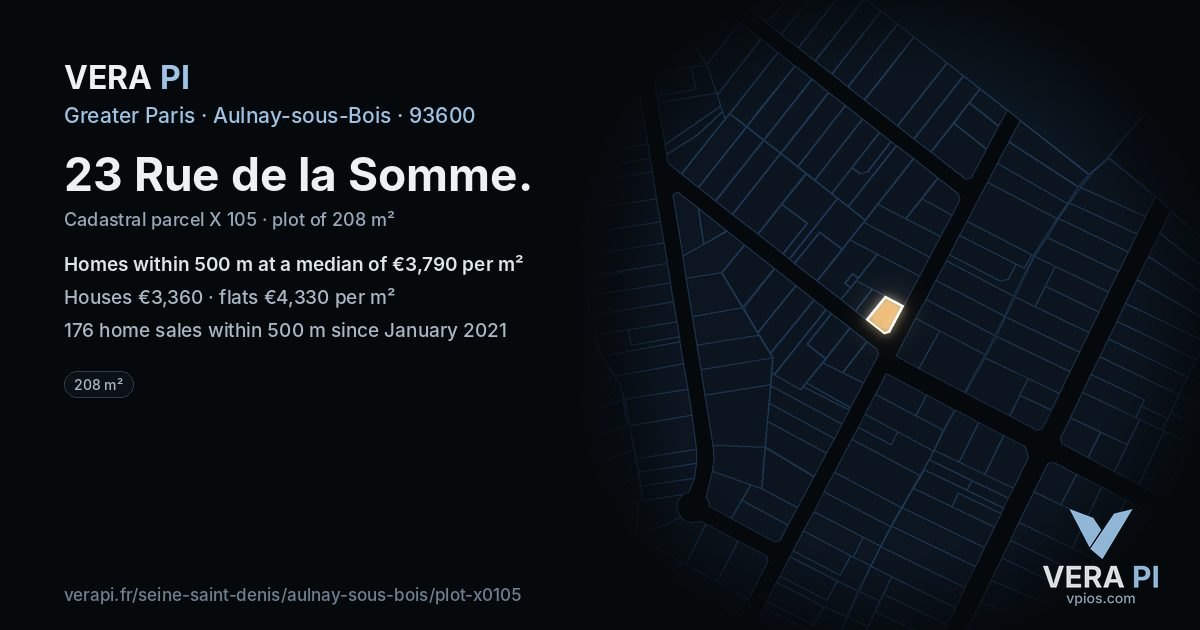 23 Rue de la Somme, Aulnay-sous-Bois at night – the plot lit, the parcels around coloured by the prices near them