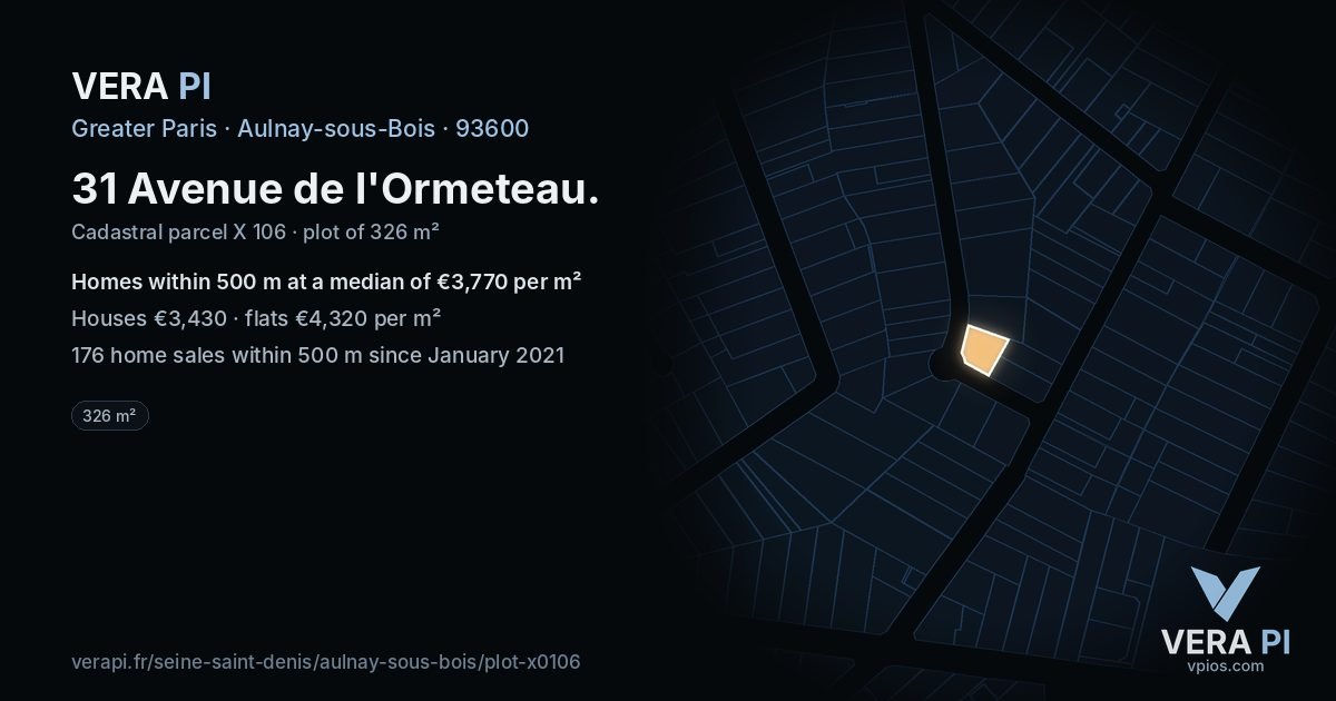 31 Avenue de l'Ormeteau, Aulnay-sous-Bois at night – the plot lit, the parcels around coloured by the prices near them