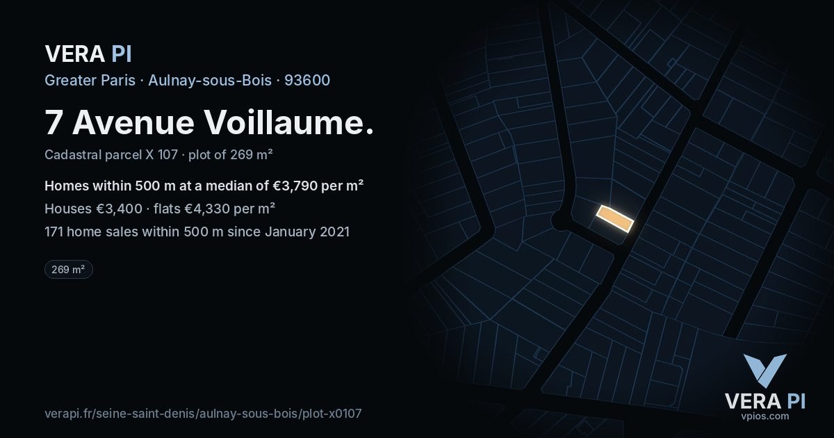 7 Avenue Voillaume, Aulnay-sous-Bois at night – the plot lit, the parcels around coloured by the prices near them