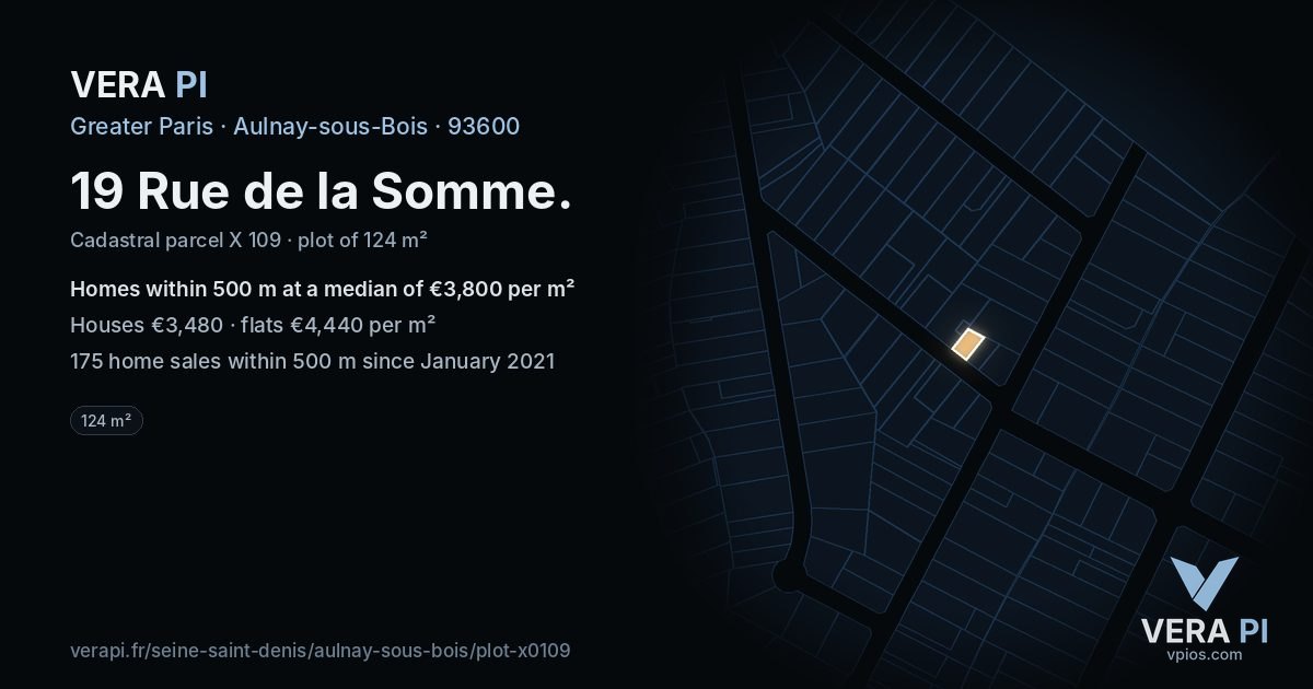 19 Rue de la Somme, Aulnay-sous-Bois at night – the plot lit, the parcels around coloured by the prices near them