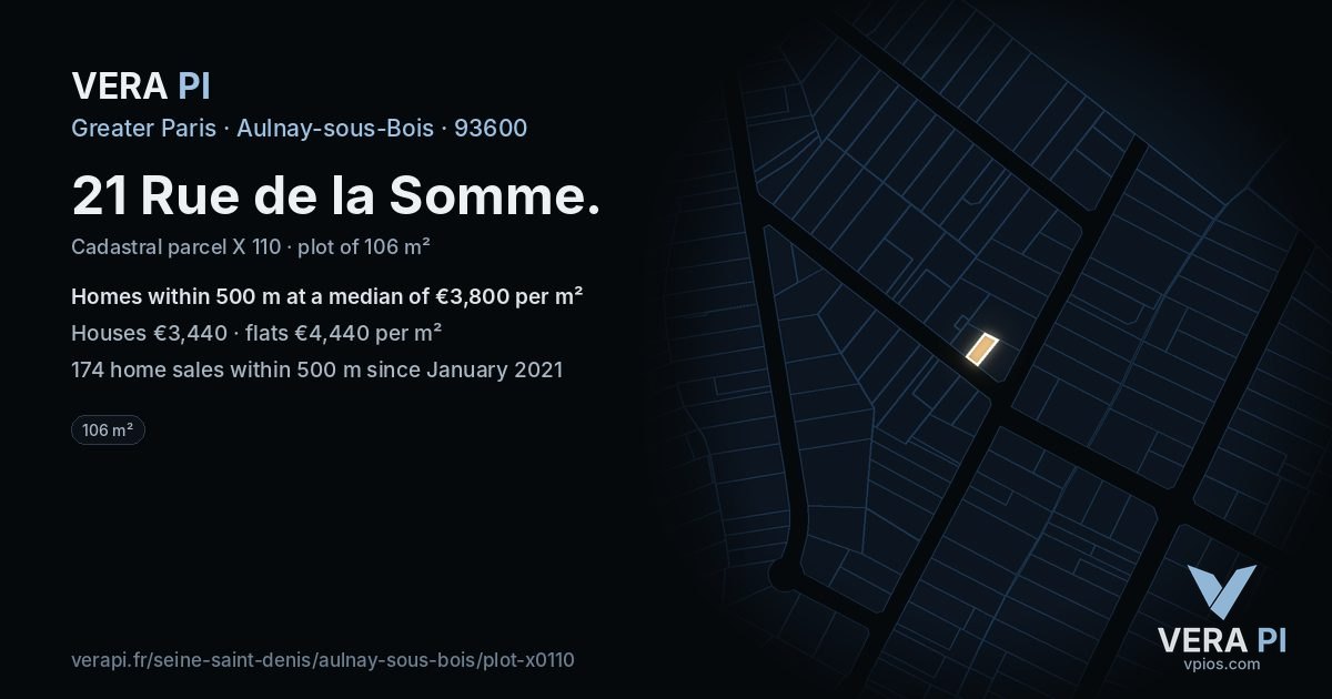 21 Rue de la Somme, Aulnay-sous-Bois at night – the plot lit, the parcels around coloured by the prices near them