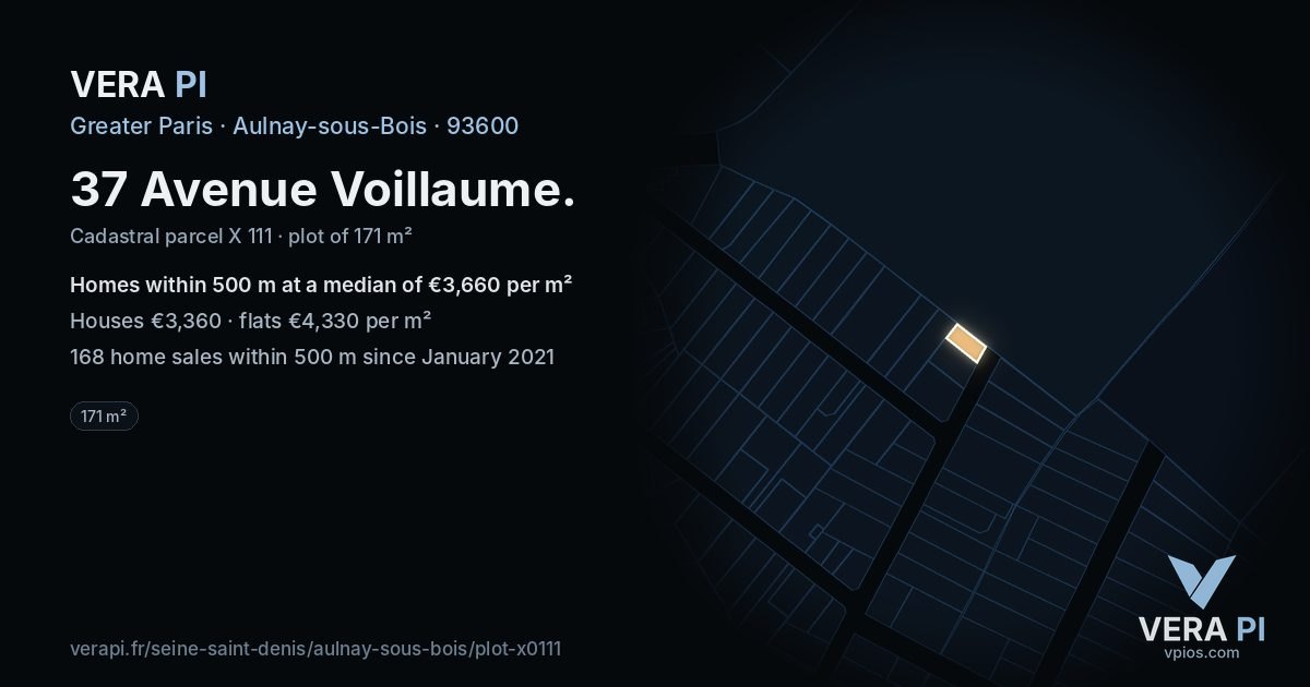37 Avenue Voillaume, Aulnay-sous-Bois at night – the plot lit, the parcels around coloured by the prices near them
