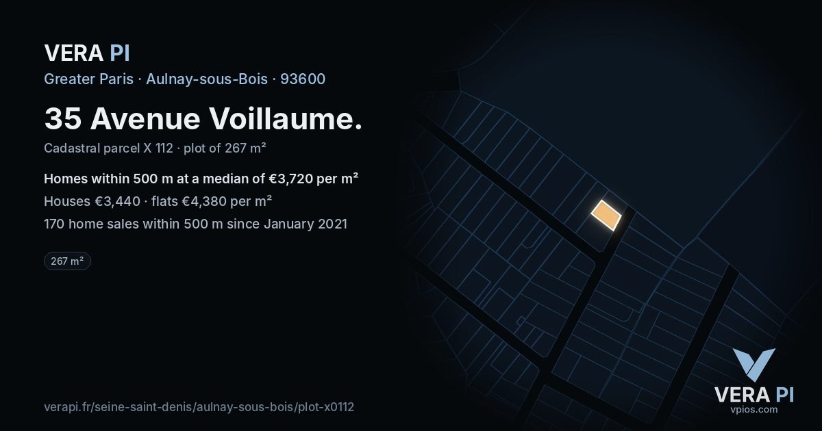35 Avenue Voillaume, Aulnay-sous-Bois at night – the plot lit, the parcels around coloured by the prices near them