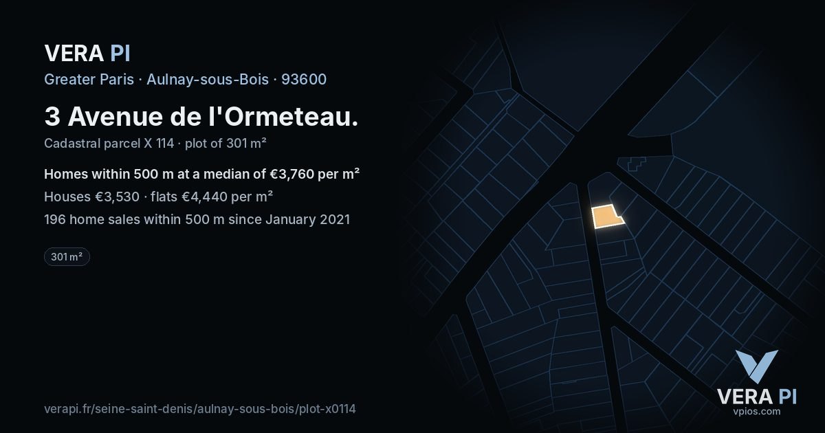 3 Avenue de l'Ormeteau, Aulnay-sous-Bois at night – the plot lit, the parcels around coloured by the prices near them
