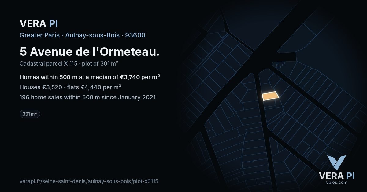 5 Avenue de l'Ormeteau, Aulnay-sous-Bois at night – the plot lit, the parcels around coloured by the prices near them