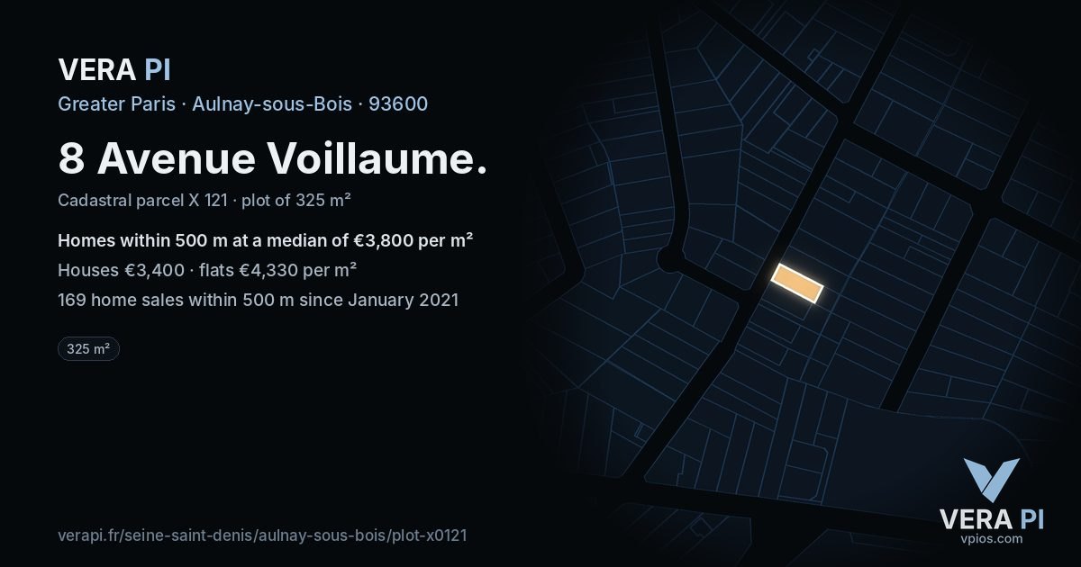 8 Avenue Voillaume, Aulnay-sous-Bois at night – the plot lit, the parcels around coloured by the prices near them
