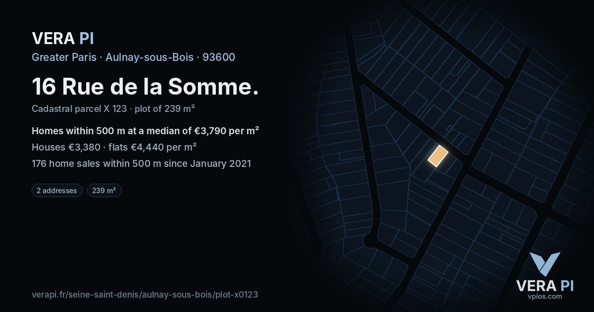 16 Rue de la Somme, Aulnay-sous-Bois at night – the plot lit, the parcels around coloured by the prices near them