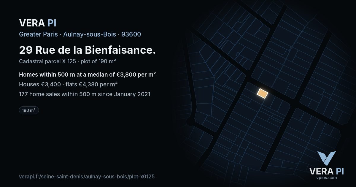 29 Rue de la Bienfaisance, Aulnay-sous-Bois at night – the plot lit, the parcels around coloured by the prices near them
