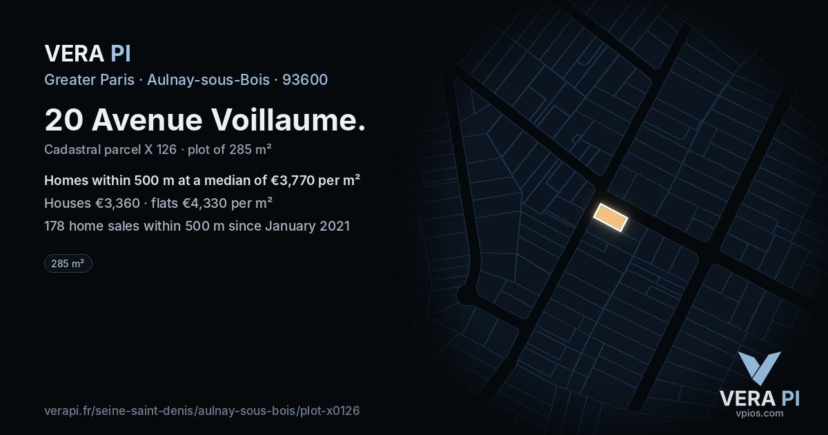 20 Avenue Voillaume, Aulnay-sous-Bois at night – the plot lit, the parcels around coloured by the prices near them