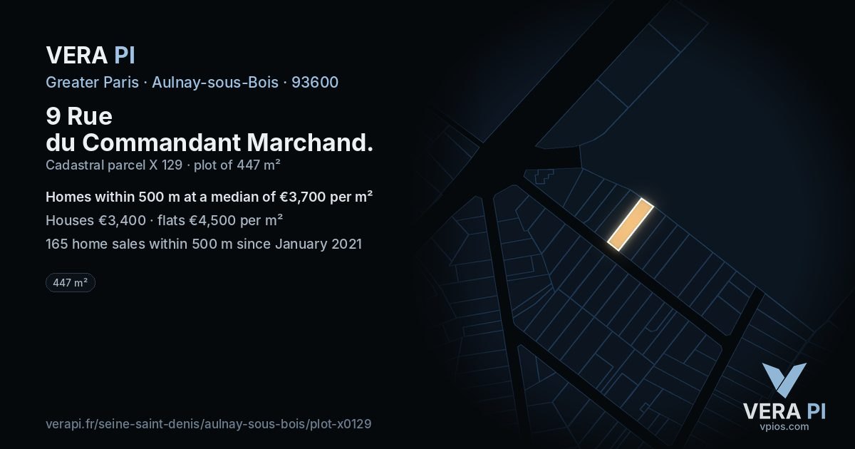 9 Rue du Commandant Marchand, Aulnay-sous-Bois at night – the plot lit, the parcels around coloured by the prices near them