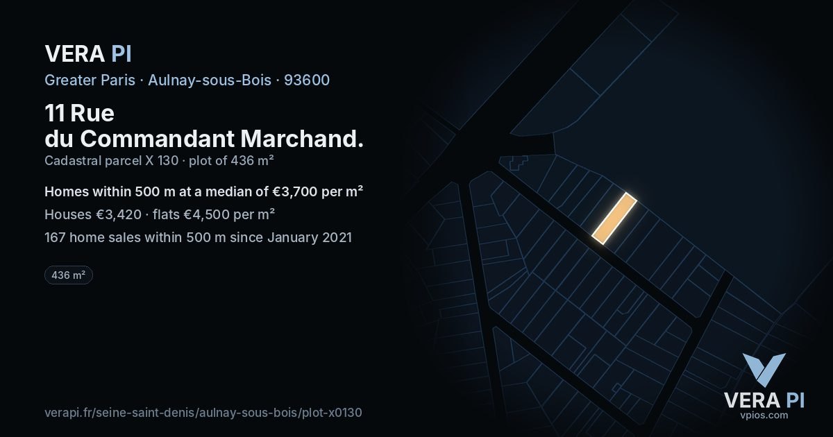 11 Rue du Commandant Marchand, Aulnay-sous-Bois at night – the plot lit, the parcels around coloured by the prices near them