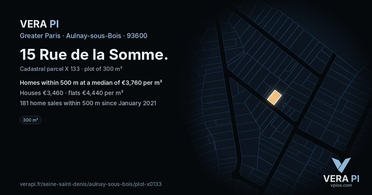 15 Rue de la Somme, Aulnay-sous-Bois at night – the plot lit, the parcels around coloured by the prices near them