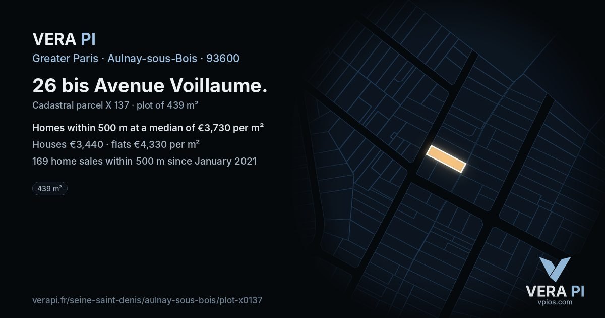 26 bis Avenue Voillaume, Aulnay-sous-Bois at night – the plot lit, the parcels around coloured by the prices near them