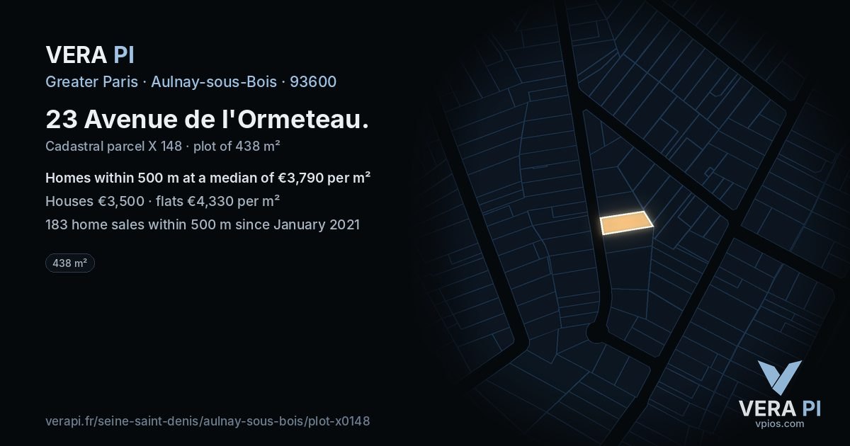 23 Avenue de l'Ormeteau, Aulnay-sous-Bois at night – the plot lit, the parcels around coloured by the prices near them