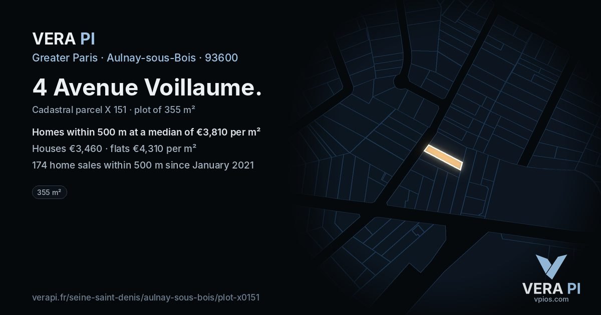 4 Avenue Voillaume, Aulnay-sous-Bois at night – the plot lit, the parcels around coloured by the prices near them