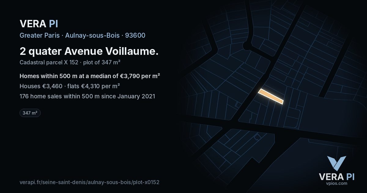 2 quater Avenue Voillaume, Aulnay-sous-Bois at night – the plot lit, the parcels around coloured by the prices near them