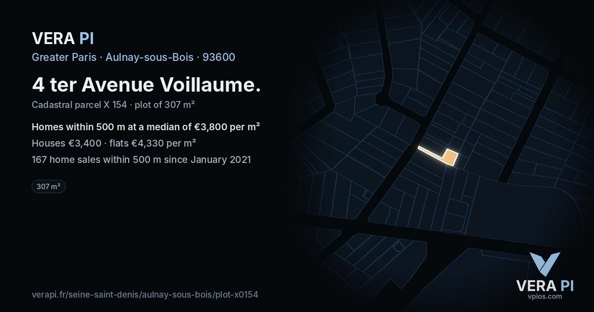 4 ter Avenue Voillaume, Aulnay-sous-Bois at night – the plot lit, the parcels around coloured by the prices near them