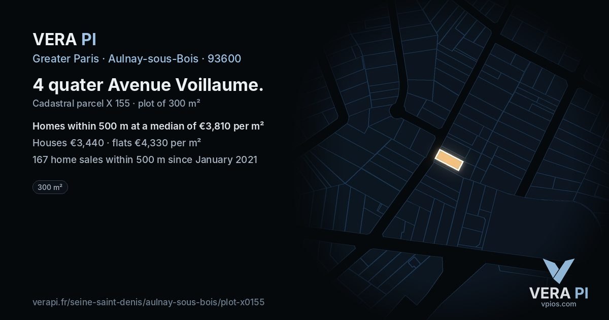 4 quater Avenue Voillaume, Aulnay-sous-Bois at night – the plot lit, the parcels around coloured by the prices near them