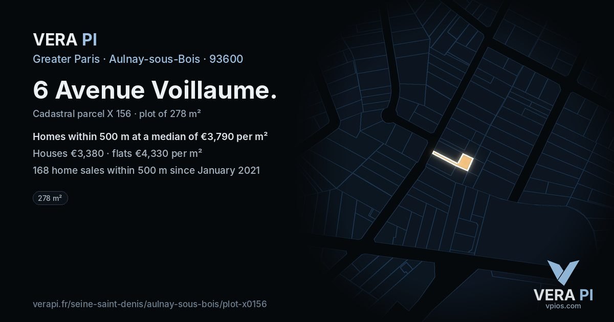 6 Avenue Voillaume, Aulnay-sous-Bois at night – the plot lit, the parcels around coloured by the prices near them