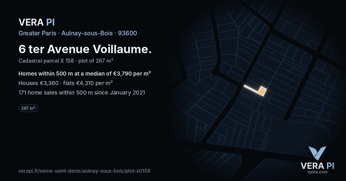 6 ter Avenue Voillaume, Aulnay-sous-Bois at night – the plot lit, the parcels around coloured by the prices near them
