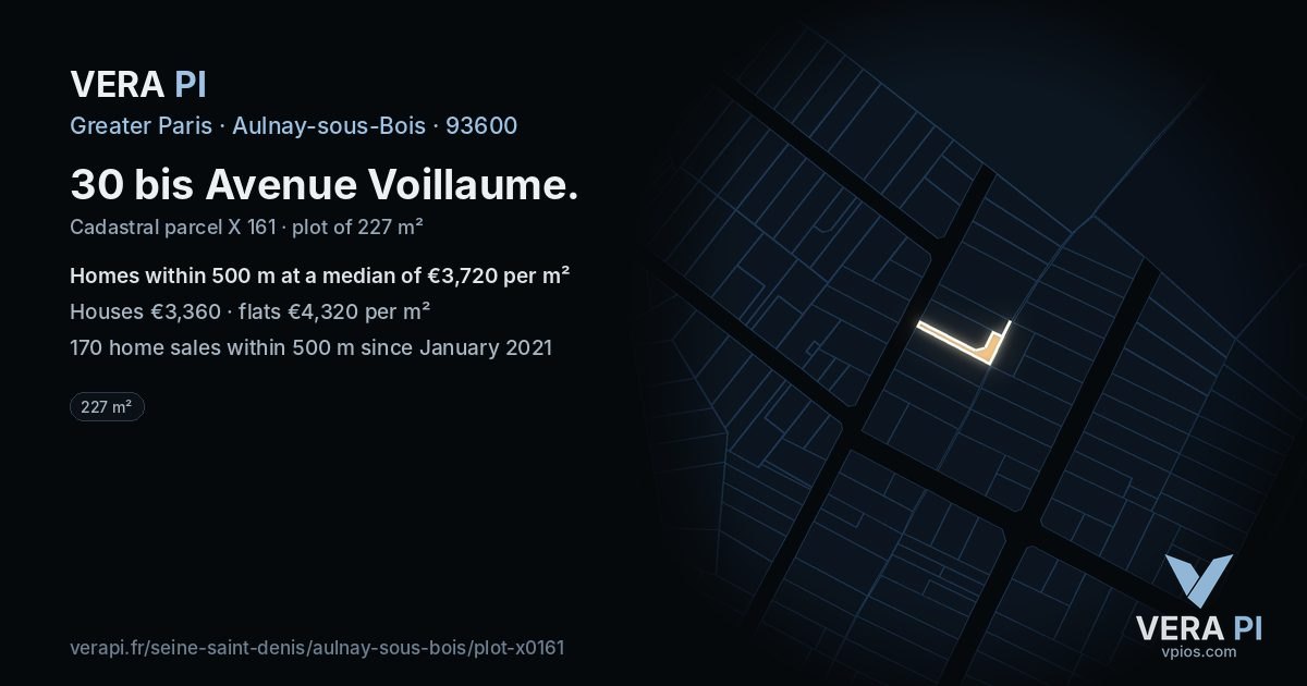 30 bis Avenue Voillaume, Aulnay-sous-Bois at night – the plot lit, the parcels around coloured by the prices near them