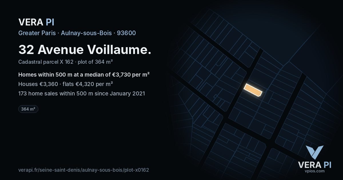 32 Avenue Voillaume, Aulnay-sous-Bois at night – the plot lit, the parcels around coloured by the prices near them