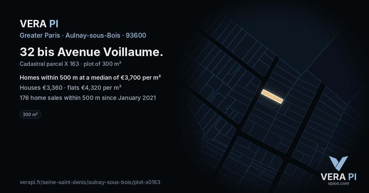 32 bis Avenue Voillaume, Aulnay-sous-Bois at night – the plot lit, the parcels around coloured by the prices near them