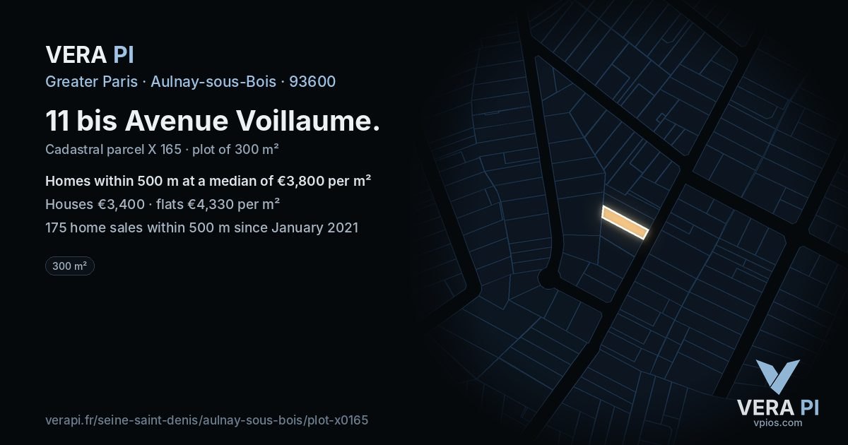 11 bis Avenue Voillaume, Aulnay-sous-Bois at night – the plot lit, the parcels around coloured by the prices near them