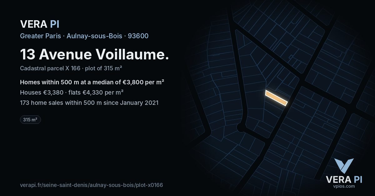 13 Avenue Voillaume, Aulnay-sous-Bois at night – the plot lit, the parcels around coloured by the prices near them