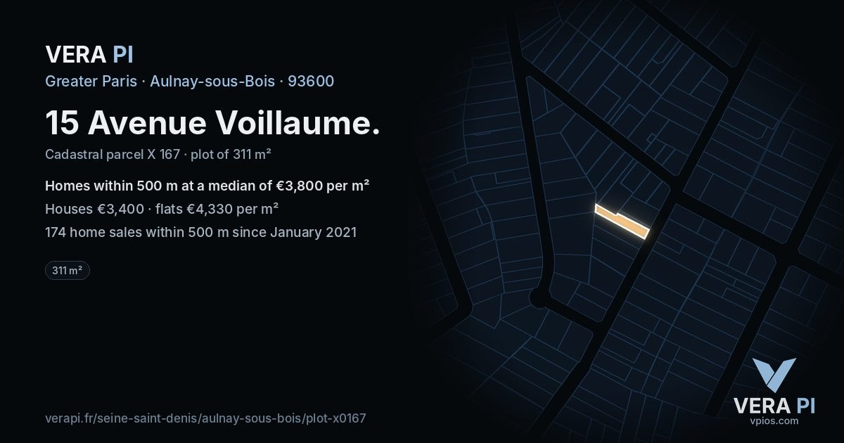 15 Avenue Voillaume, Aulnay-sous-Bois at night – the plot lit, the parcels around coloured by the prices near them
