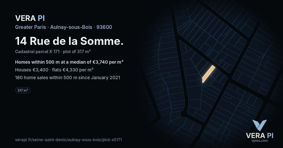 14 Rue de la Somme, Aulnay-sous-Bois at night – the plot lit, the parcels around coloured by the prices near them