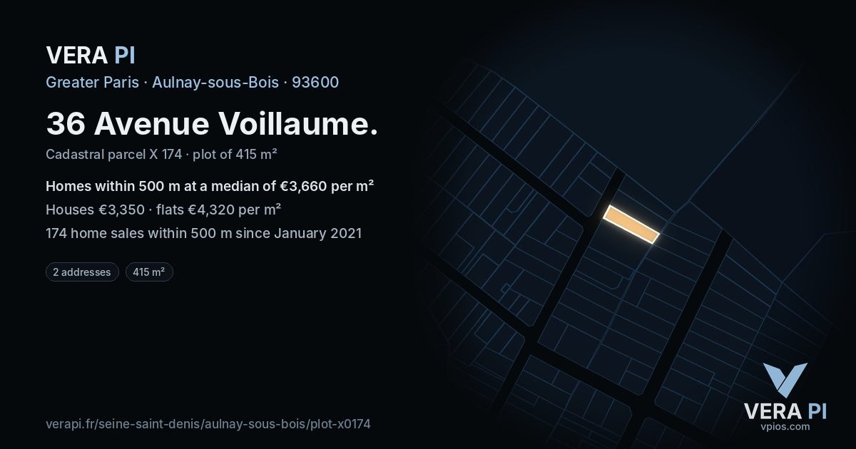 36 Avenue Voillaume, Aulnay-sous-Bois at night – the plot lit, the parcels around coloured by the prices near them