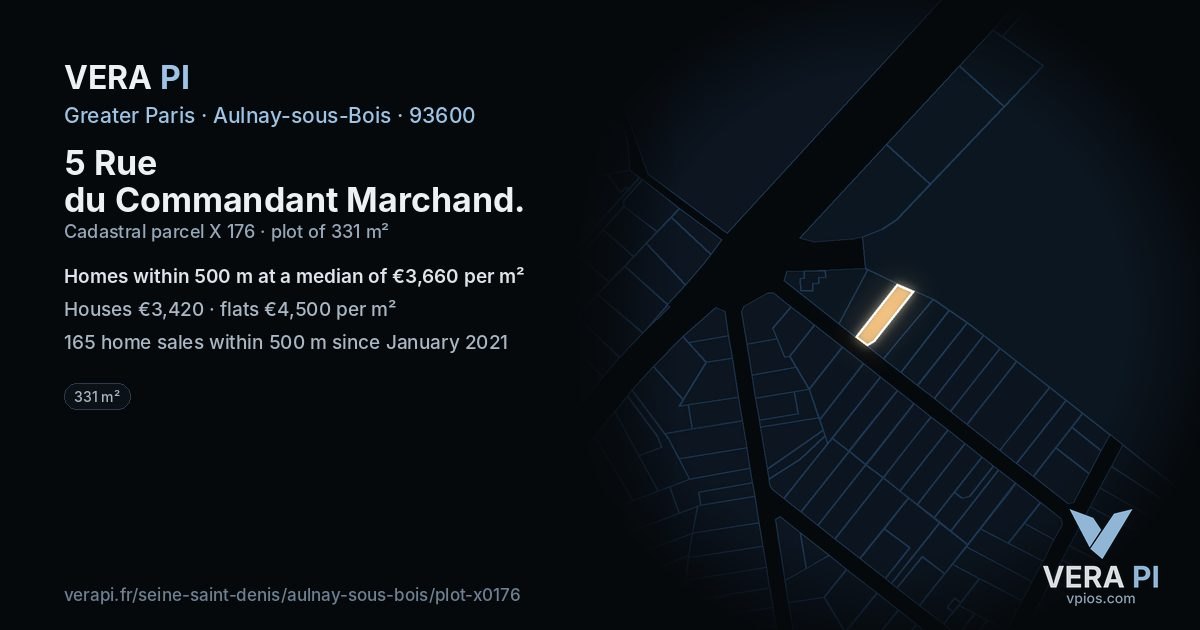 5 Rue du Commandant Marchand, Aulnay-sous-Bois at night – the plot lit, the parcels around coloured by the prices near them