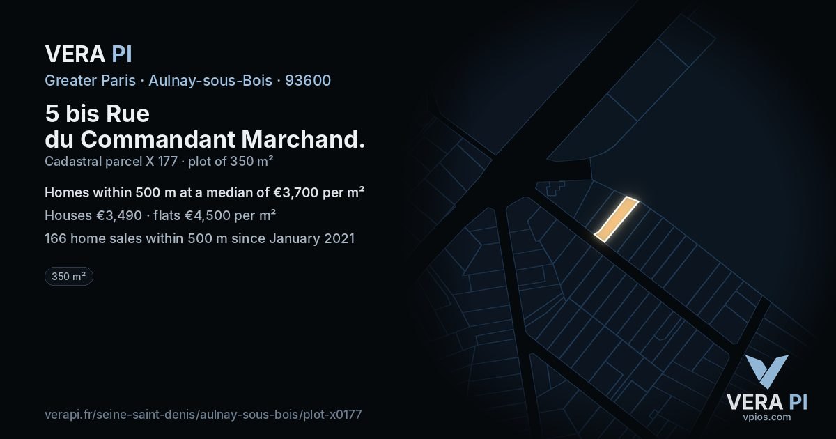5 bis Rue du Commandant Marchand, Aulnay-sous-Bois at night – the plot lit, the parcels around coloured by the prices near them