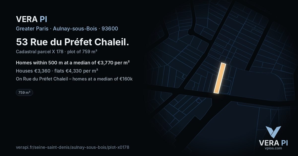 53 Rue du Préfet Chaleil, Aulnay-sous-Bois at night – the plot lit, the parcels around coloured by the prices near them
