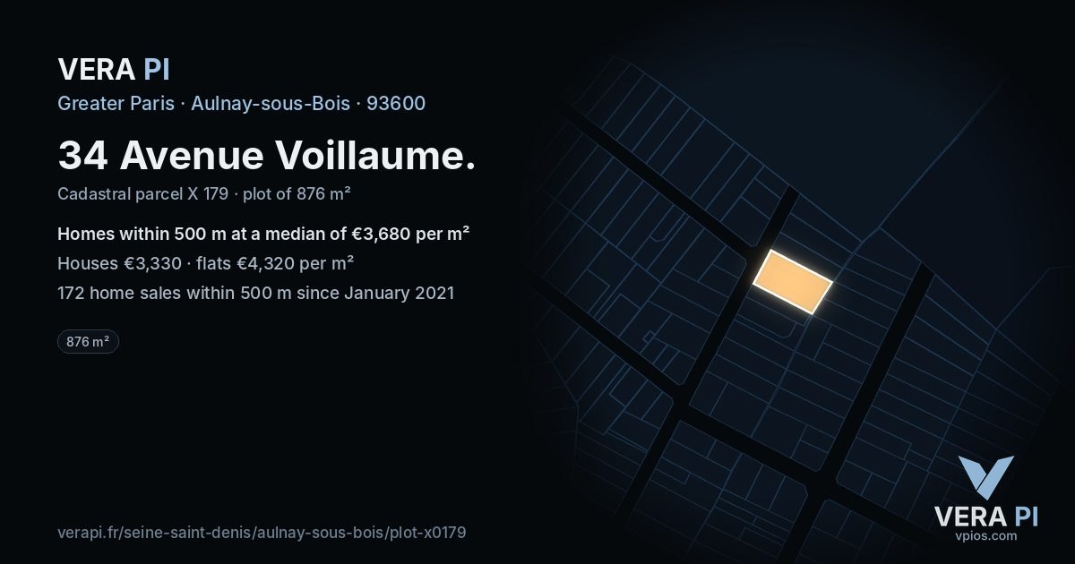 34 Avenue Voillaume, Aulnay-sous-Bois at night – the plot lit, the parcels around coloured by the prices near them