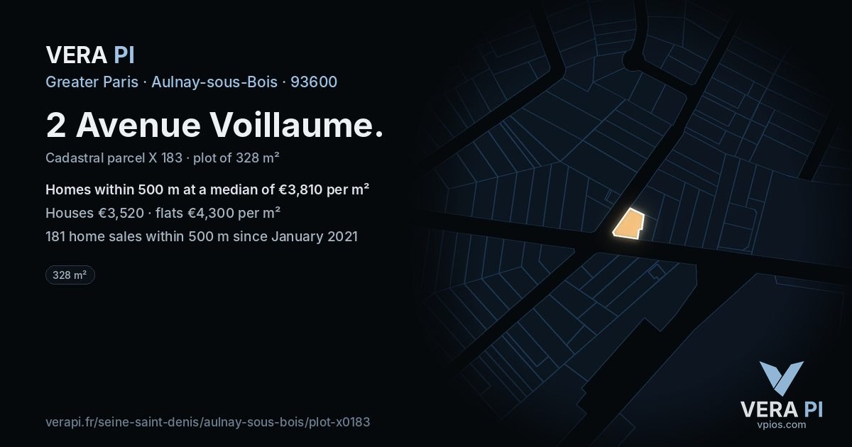 2 Avenue Voillaume, Aulnay-sous-Bois at night – the plot lit, the parcels around coloured by the prices near them