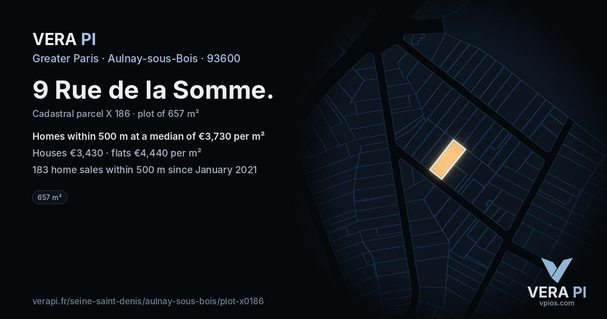 9 Rue de la Somme, Aulnay-sous-Bois at night – the plot lit, the parcels around coloured by the prices near them
