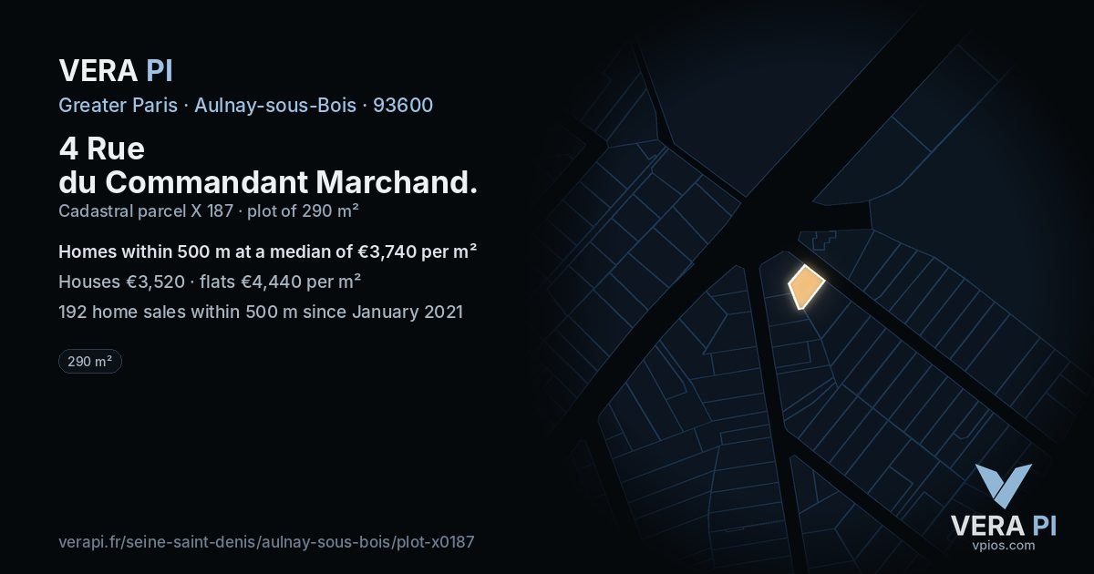 4 Rue du Commandant Marchand, Aulnay-sous-Bois at night – the plot lit, the parcels around coloured by the prices near them