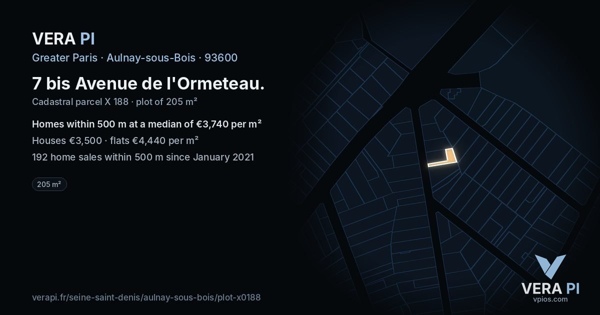 7 bis Avenue de l'Ormeteau, Aulnay-sous-Bois at night – the plot lit, the parcels around coloured by the prices near them