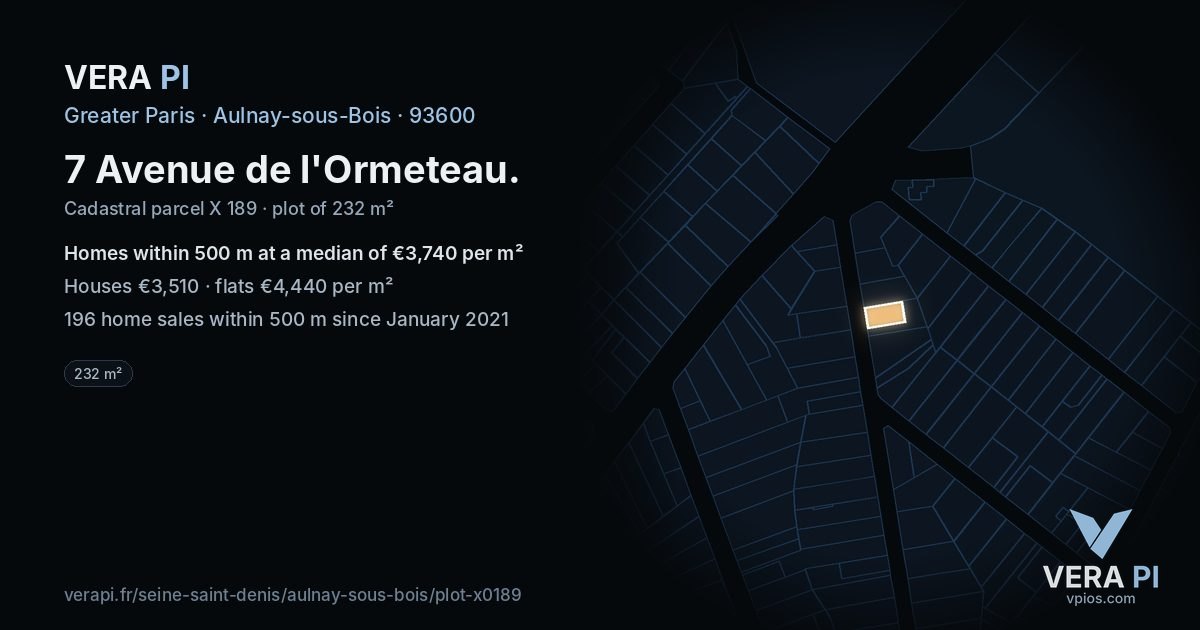 7 Avenue de l'Ormeteau, Aulnay-sous-Bois at night – the plot lit, the parcels around coloured by the prices near them