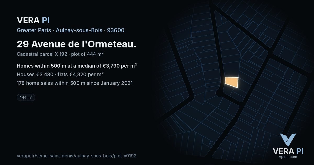 29 Avenue de l'Ormeteau, Aulnay-sous-Bois at night – the plot lit, the parcels around coloured by the prices near them
